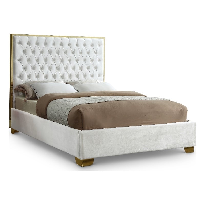 Meridian Furniture Lana Solid Wood and Velvet Full Bed in White