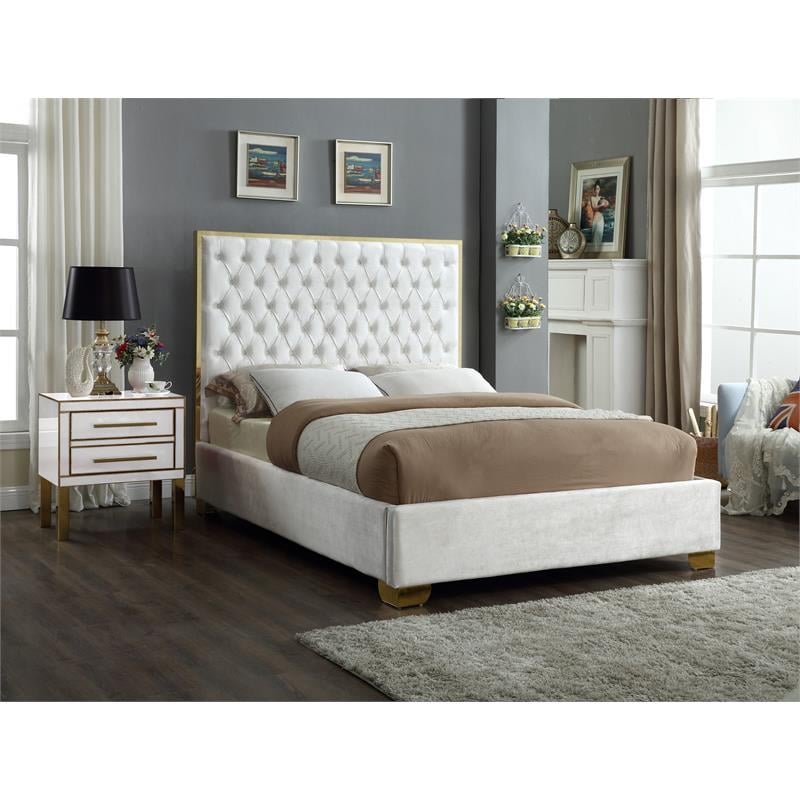 Meridian Furniture Lana Solid Wood and Velvet Queen Bed in White