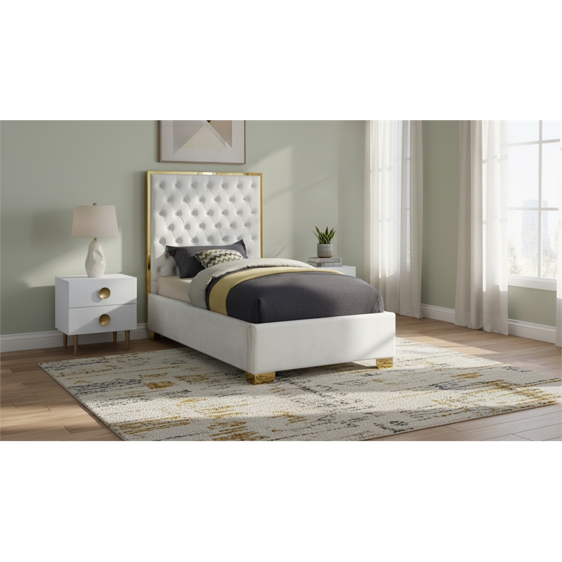 Meridian Furniture Lana Solid Wood and Velvet Twin Bed in White