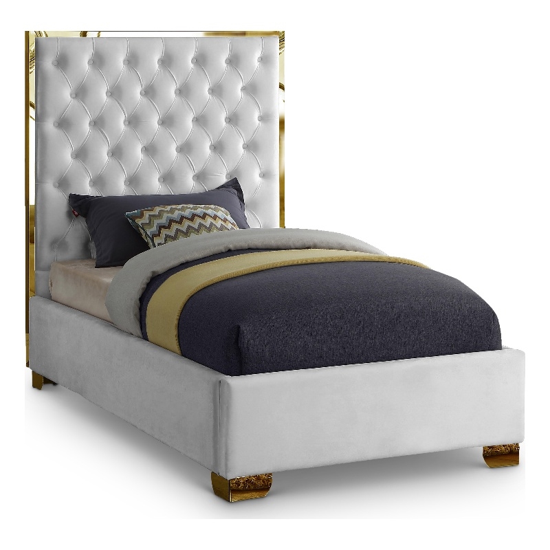 Meridian Furniture Lana Solid Wood and Velvet Twin Bed in White