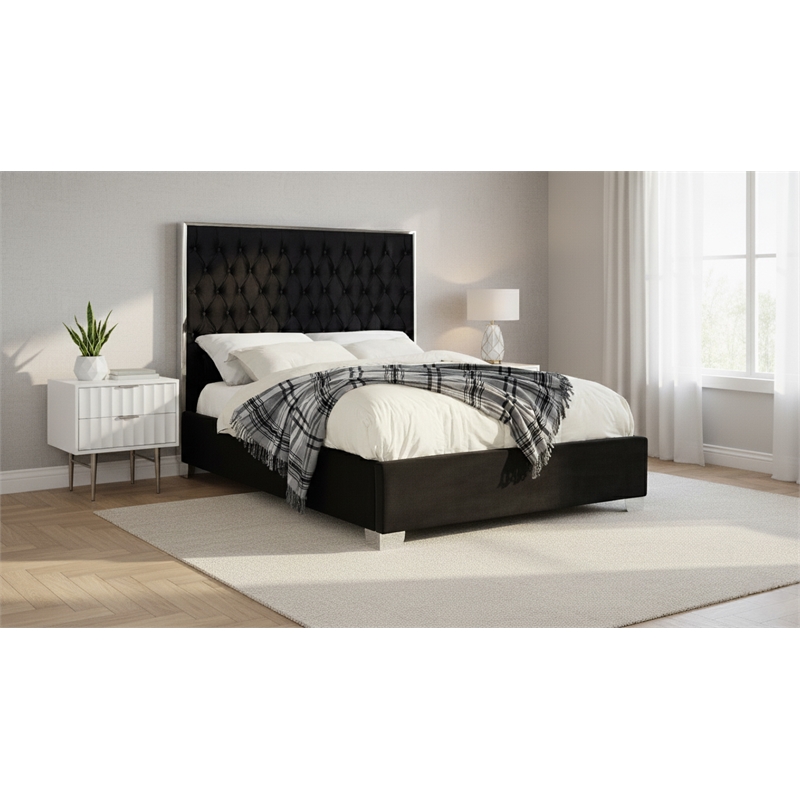 Meridian Furniture Lexi Solid Wood and Velvet Full Bed in Black