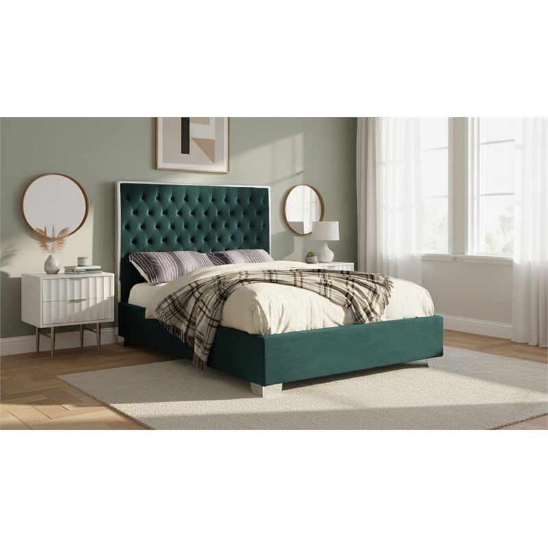 Meridian Furniture Lexi Solid Wood and Velvet Full Bed in Green