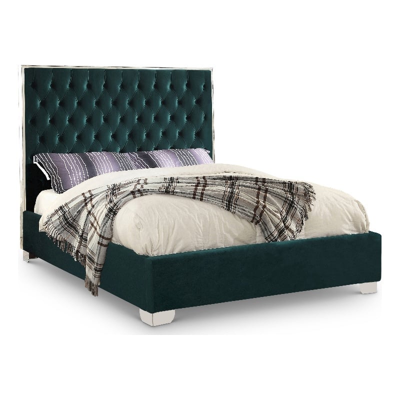 Meridian Furniture Lexi Solid Wood and Velvet Full Bed in Green
