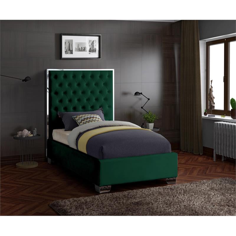 Meridian Furniture Lexi Solid Wood and Velvet Twin Bed in Green