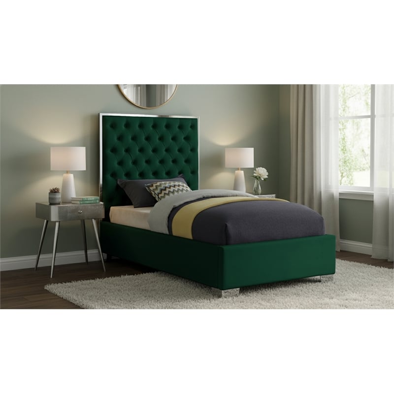 Meridian Furniture Lexi Solid Wood and Velvet Twin Bed in Green