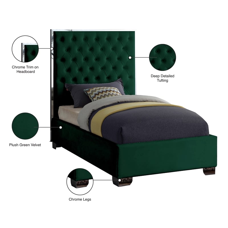 Meridian Furniture Lexi Solid Wood and Velvet Twin Bed in Green