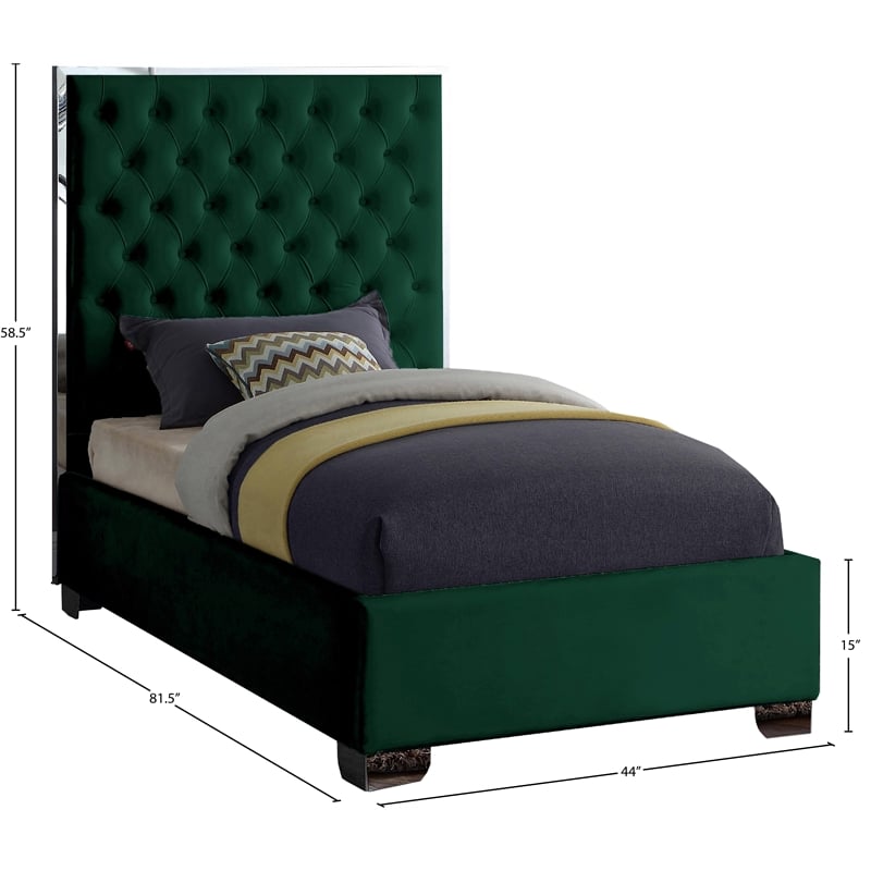 Meridian Furniture Lexi Solid Wood and Velvet Twin Bed in Green