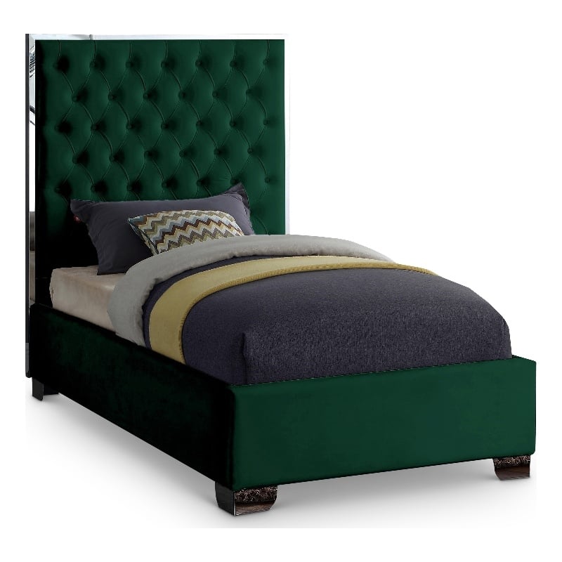 Meridian Furniture Lexi Solid Wood and Velvet Twin Bed in Green