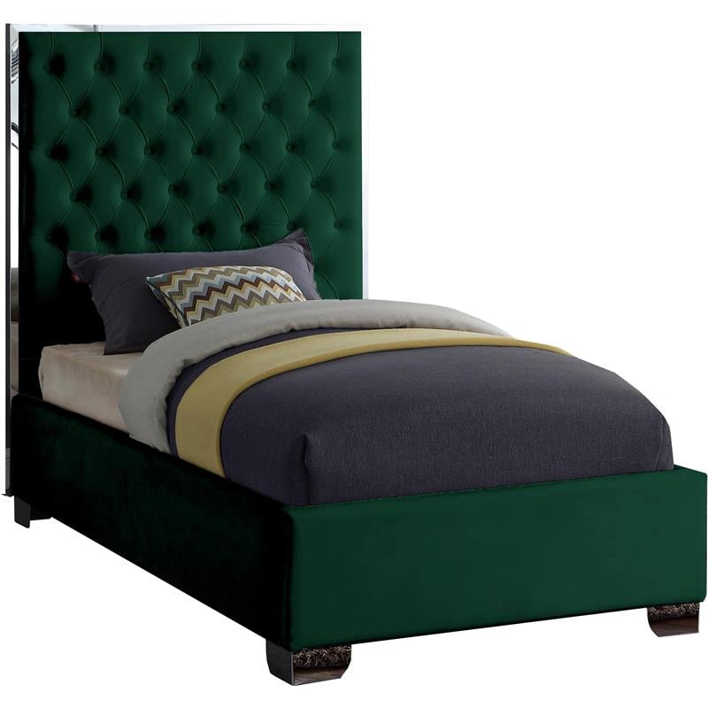 Meridian Furniture Lexi Solid Wood and Velvet Twin Bed in Green