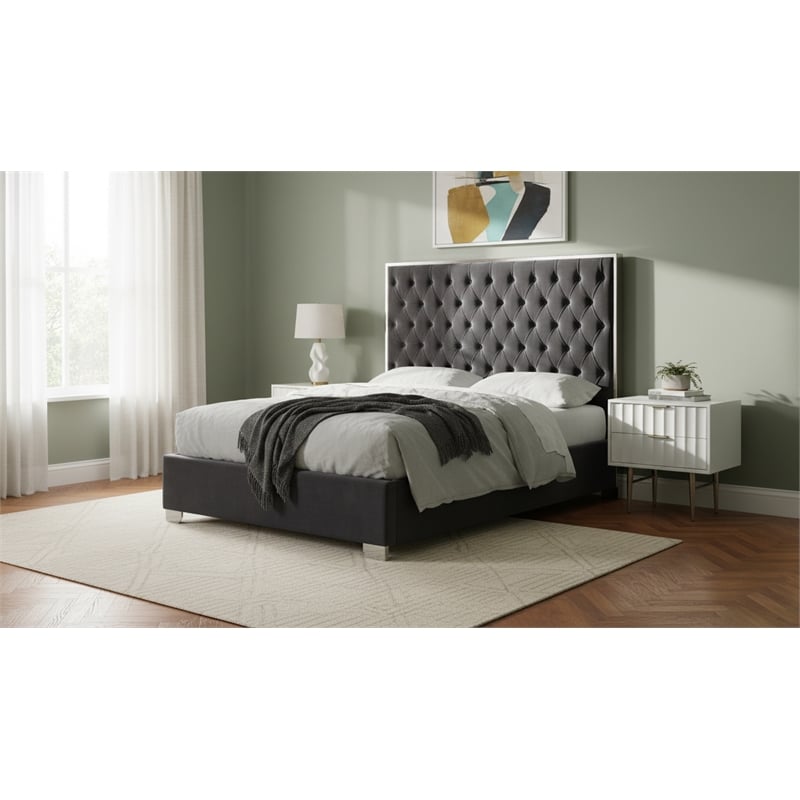 Meridian Furniture Lexi Solid Wood and Velvet Full Bed in Gray