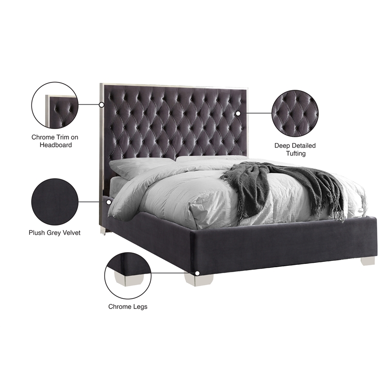 Meridian Furniture Lexi Solid Wood and Velvet Full Bed in Gray