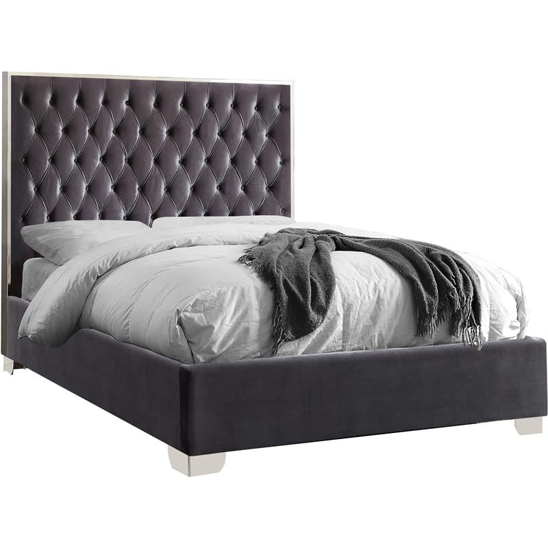 Meridian Furniture Lexi Solid Wood and Velvet King Bed in Gray