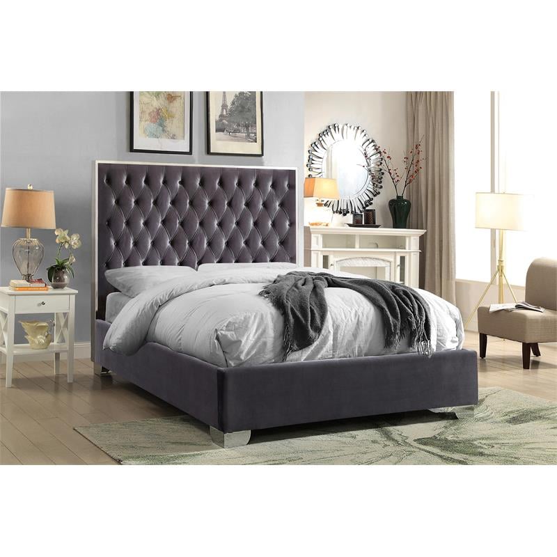 Meridian Furniture Lexi Solid Wood and Velvet Queen Bed in Gray