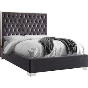 Meridian Furniture Lexi Solid Wood and Velvet Queen Bed in Gray