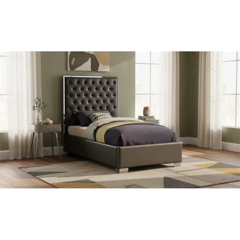 Meridian Furniture Lexi Solid Wood and Velvet Twin Bed in Gray