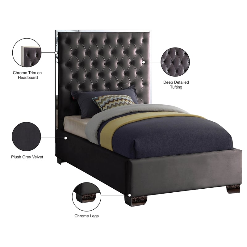 Meridian Furniture Lexi Solid Wood and Velvet Twin Bed in Gray