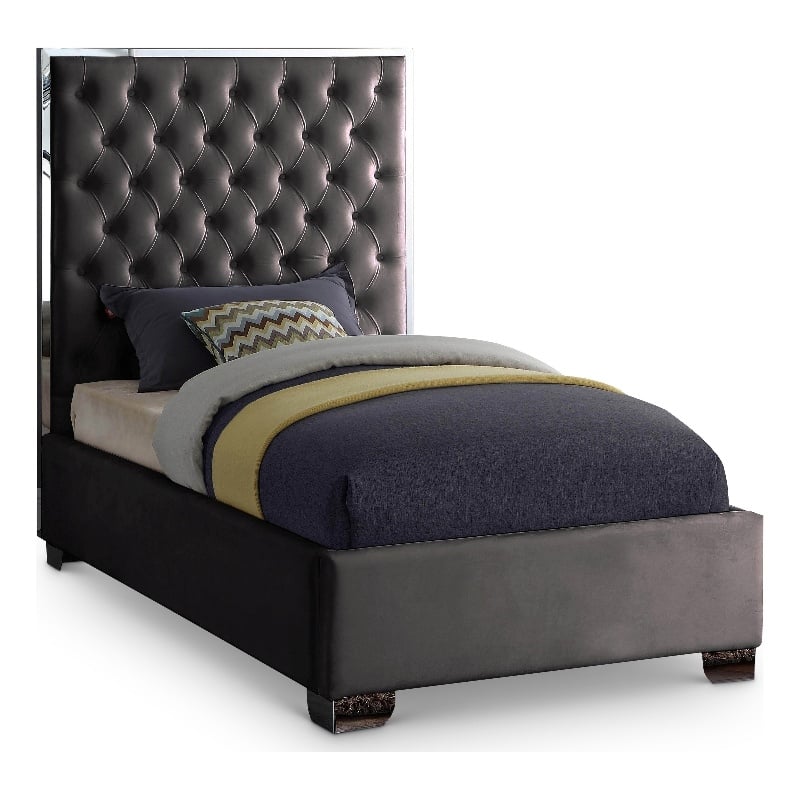 Meridian Furniture Lexi Solid Wood and Velvet Twin Bed in Gray