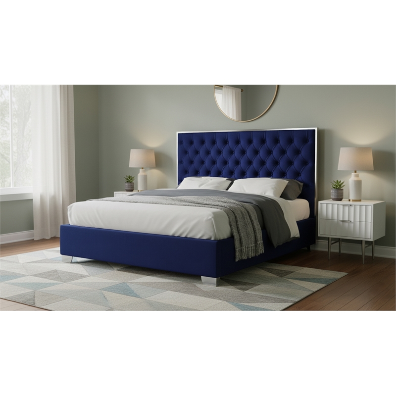 Meridian Furniture Lexi Solid Wood and Velvet Full Bed in Navy