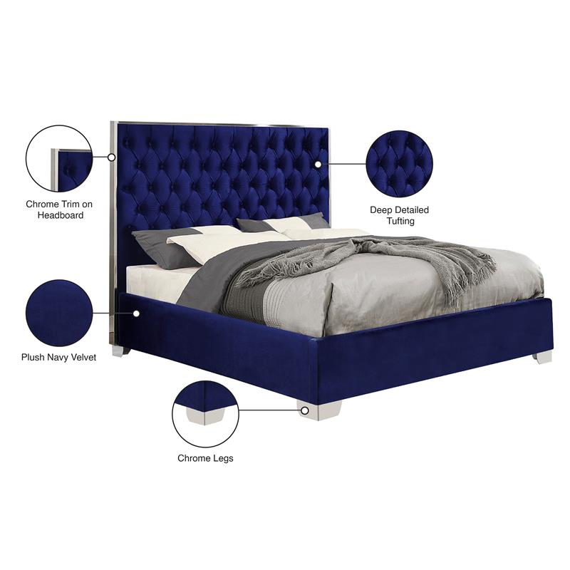 Meridian Furniture Lexi Solid Wood and Velvet Full Bed in Navy