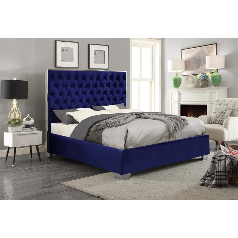 Meridian Furniture Lexi Solid Wood and Velvet King Bed in Navy