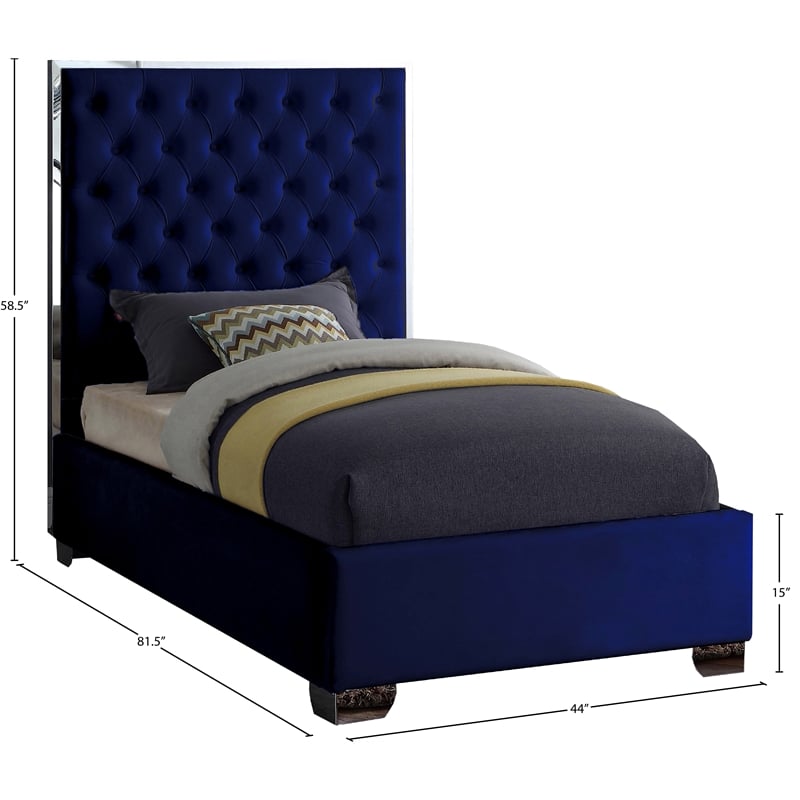 Meridian Furniture Lexi Solid Wood and Velvet Twin Bed in Navy