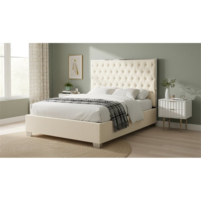 Meridian Furniture Lexi Solid Wood and Velvet Full Bed in White