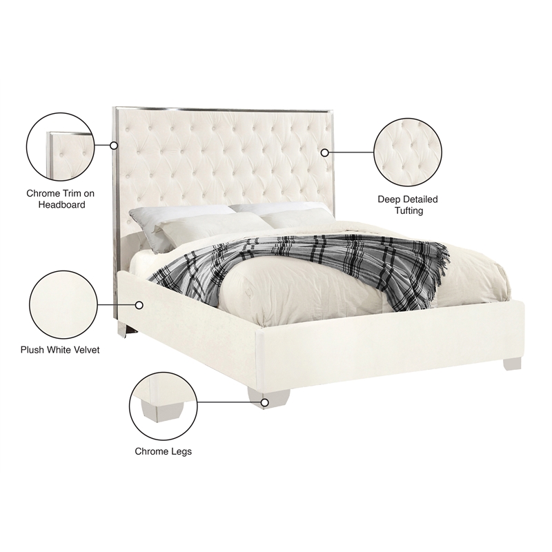 Meridian Furniture Lexi Solid Wood and Velvet Upholstered King Bed in White