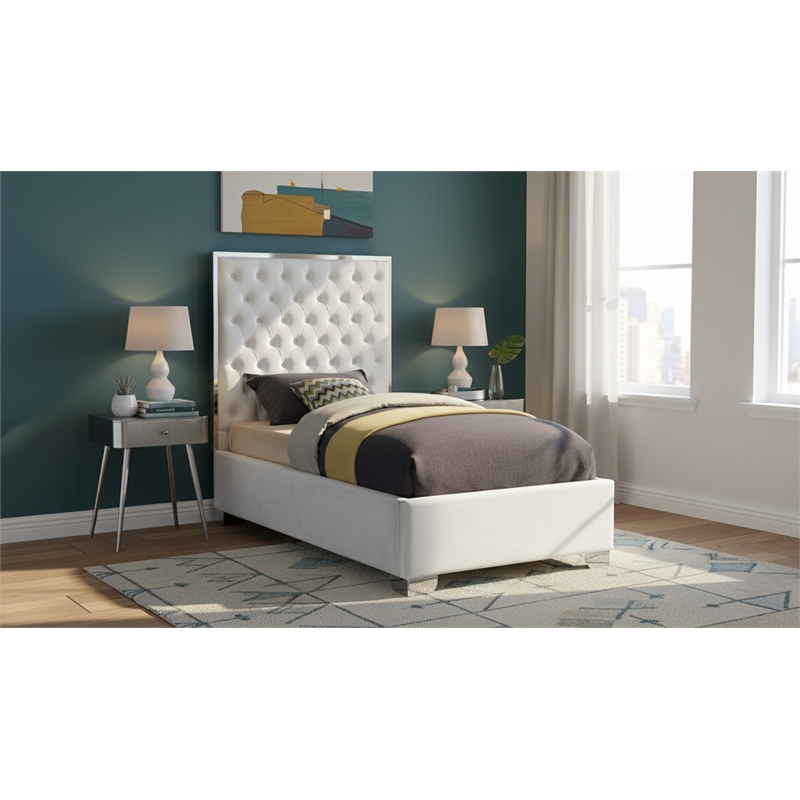 Meridian Furniture Lexi Solid Wood and Velvet Twin Bed in White