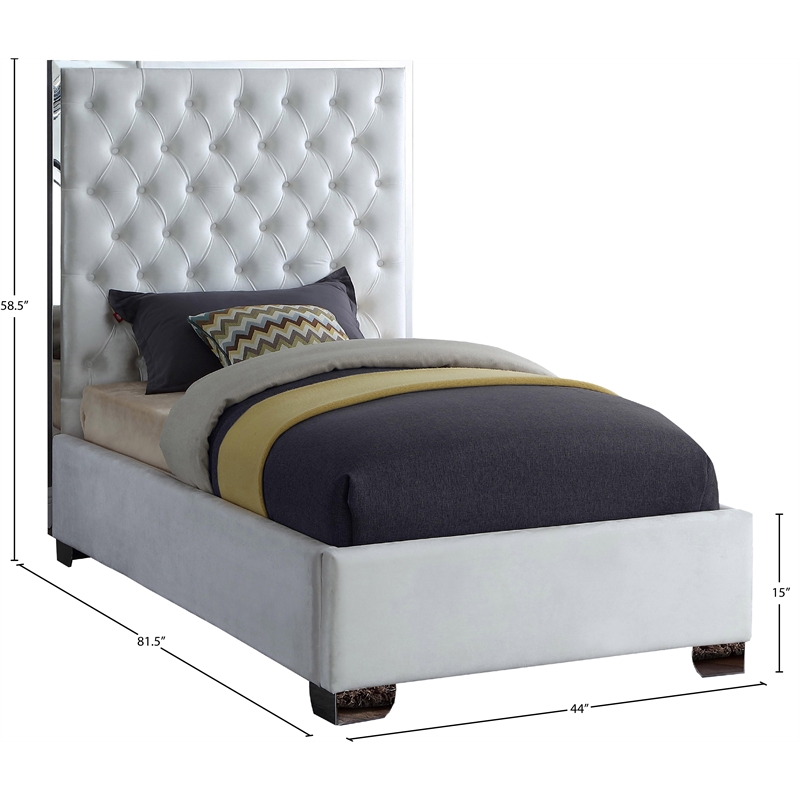 Meridian Furniture Lexi Solid Wood and Velvet Twin Bed in White