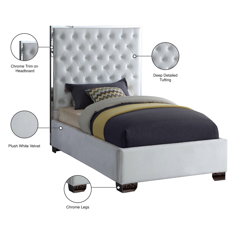 Meridian Furniture Lexi Solid Wood and Velvet Twin Bed in White
