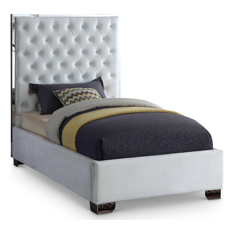 Meridian Furniture Lexi Solid Wood and Velvet Twin Bed in White