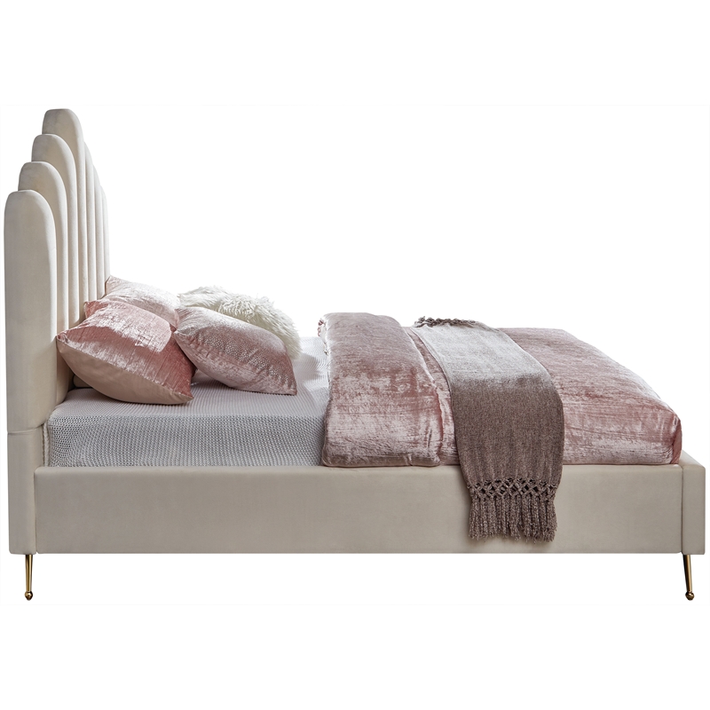 Meridian Furniture Lily Solid Wood and Tufted Velvet Full Bed in Cream