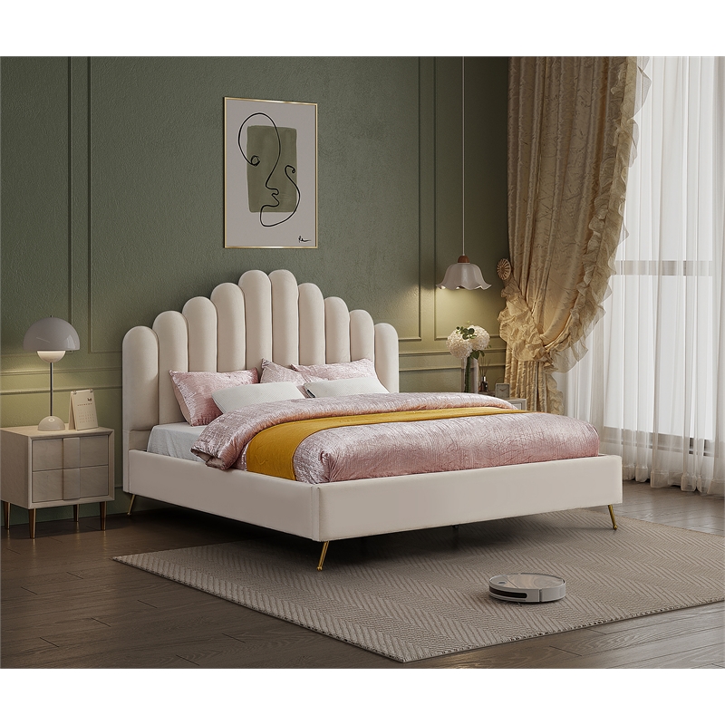 Meridian Furniture Lily Solid Wood and Tufted Velvet King Bed in Cream