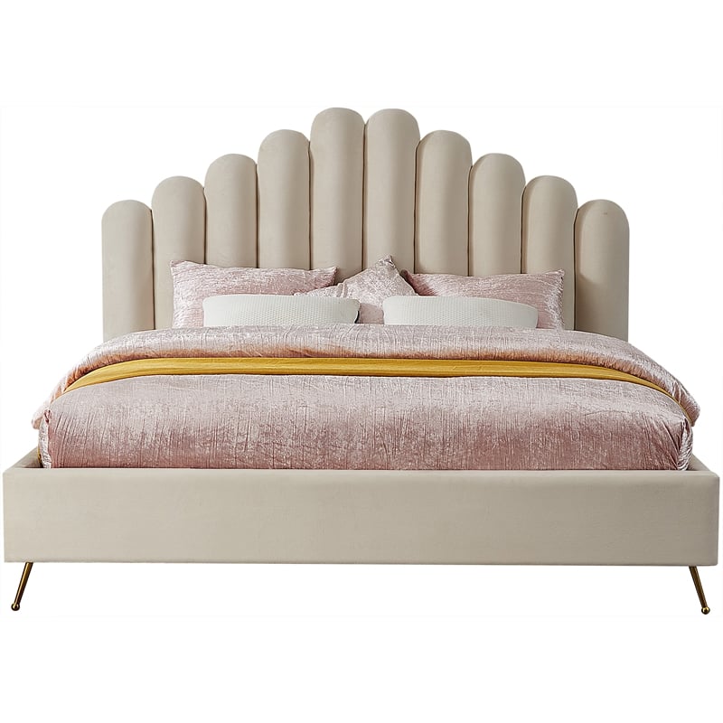 Meridian Furniture Lily Solid Wood and Tufted Velvet King Bed in Cream