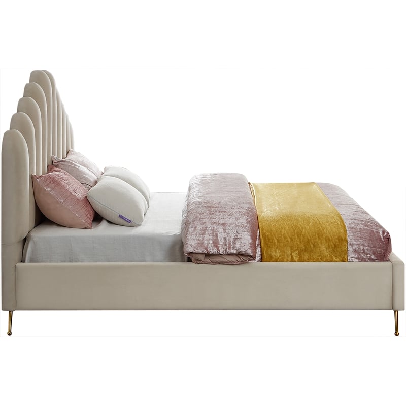 Meridian Furniture Lily Solid Wood and Tufted Velvet King Bed in Cream