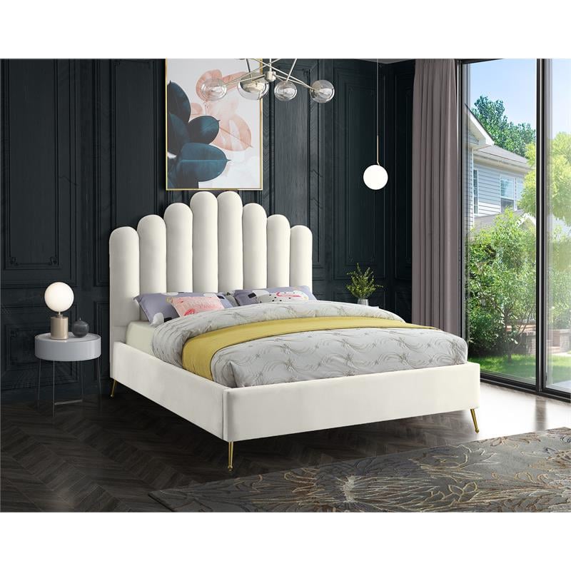 Meridian Furniture Lily Solid Wood and Tufted Velvet Queen Bed in Cream