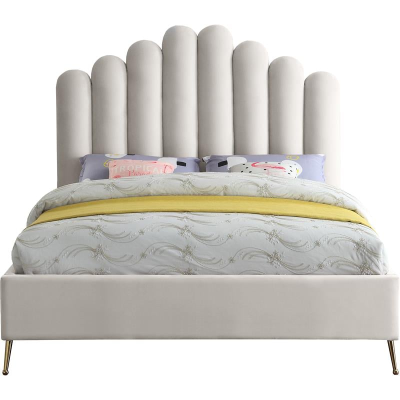 Meridian Furniture Lily Solid Wood and Tufted Velvet Queen Bed in Cream