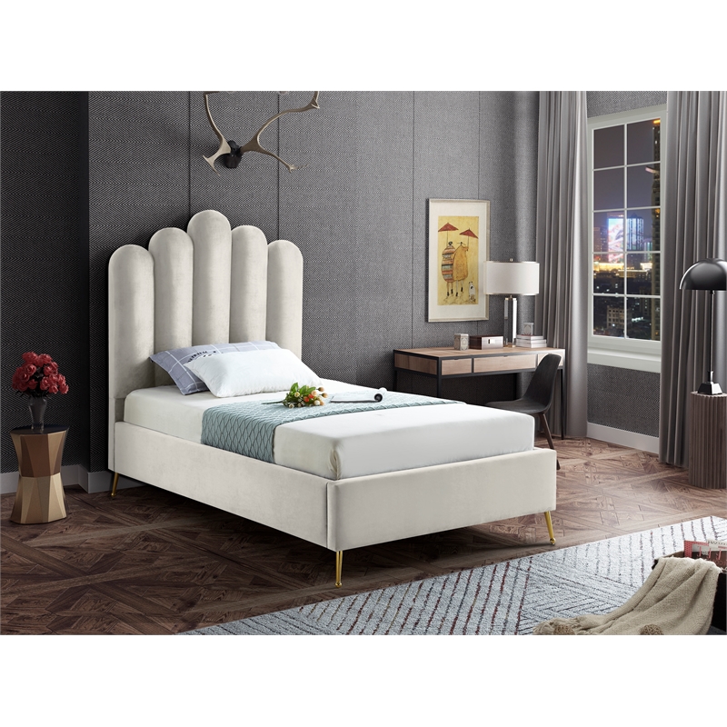 Meridian Furniture Lily Solid Wood and Tufted Velvet Twin Bed in Cream