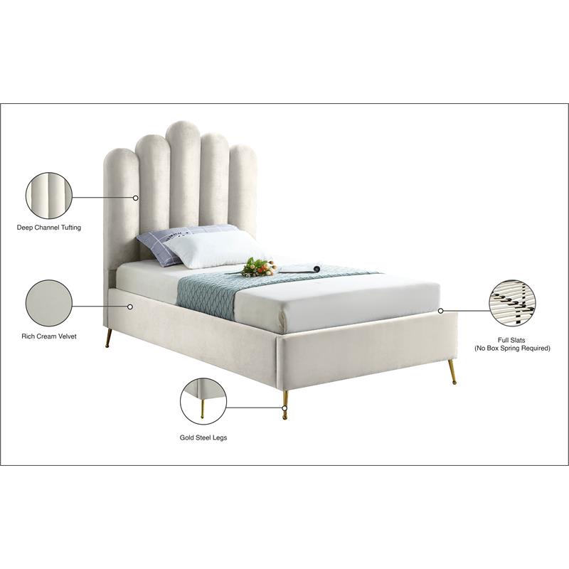 Meridian Furniture Lily Solid Wood and Tufted Velvet Twin Bed in Cream