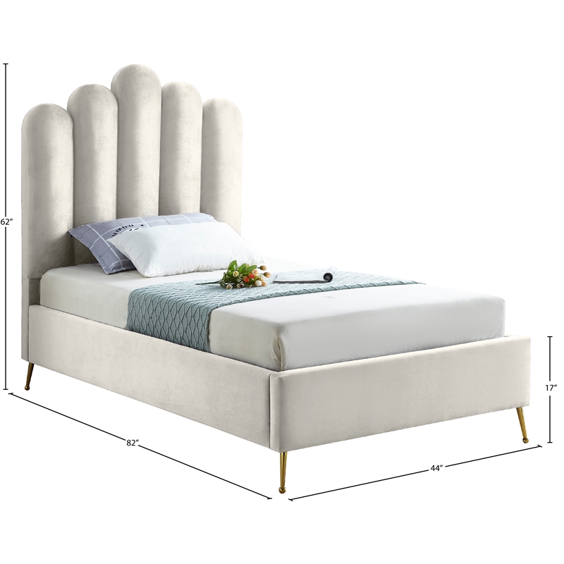 Meridian Furniture Lily Solid Wood and Tufted Velvet Twin Bed in Cream
