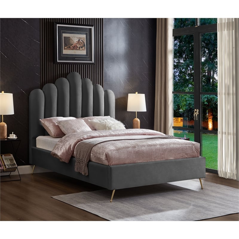 Meridian Furniture Lily Solid Wood and Tufted Velvet Full Bed in Gray