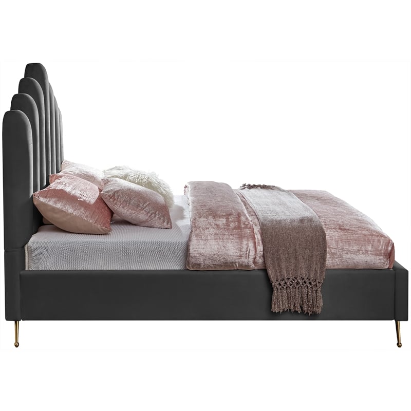 Meridian Furniture Lily Solid Wood and Tufted Velvet Full Bed in Gray