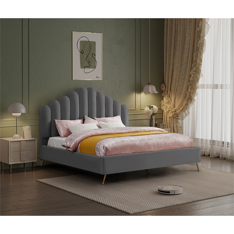 Meridian Furniture Lily Solid Wood and Tufted Velvet King Bed in Gray