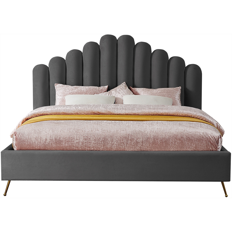 Meridian Furniture Lily Solid Wood and Tufted Velvet King Bed in Gray