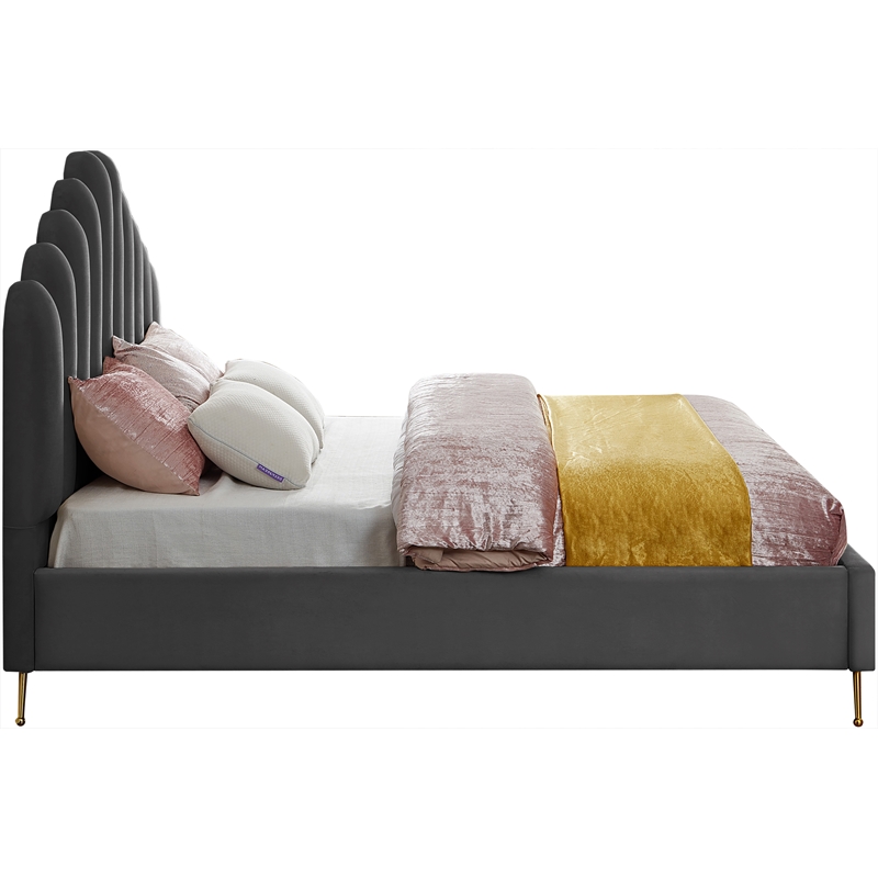 Meridian Furniture Lily Solid Wood and Tufted Velvet King Bed in Gray