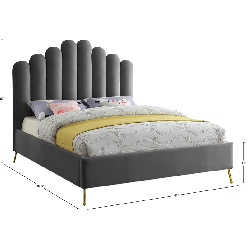 Meridian Furniture Lily Solid Wood and Tufted Velvet King Bed in Gray