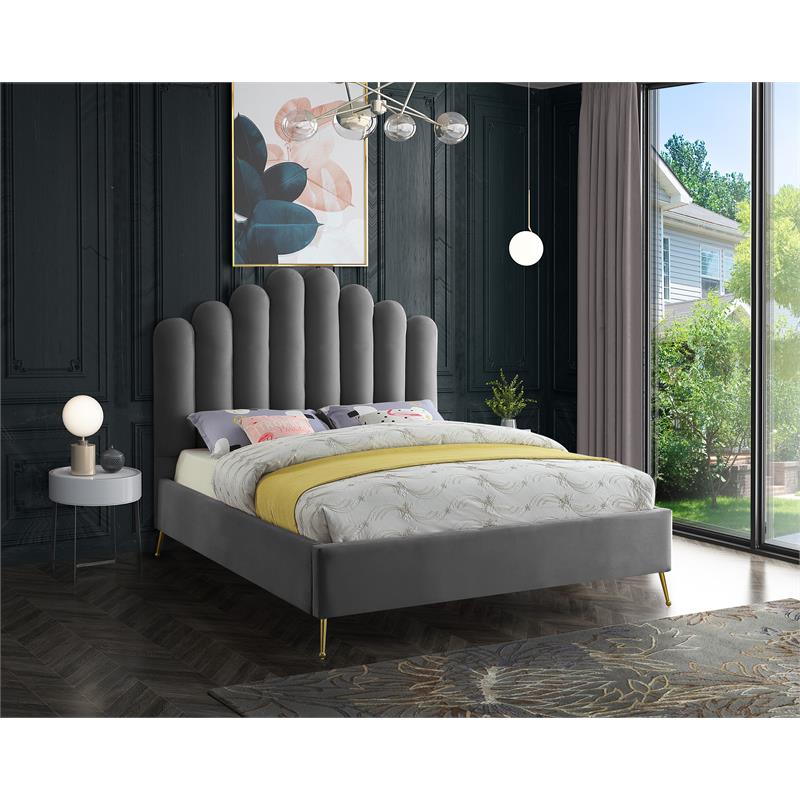 Meridian Furniture Lily Solid Wood and Tufted Velvet Queen Bed in Gray