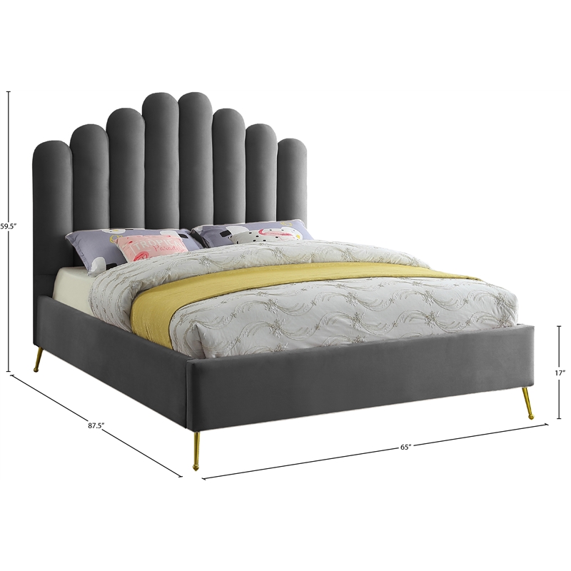 Meridian Furniture Lily Solid Wood and Tufted Velvet Queen Bed in Gray