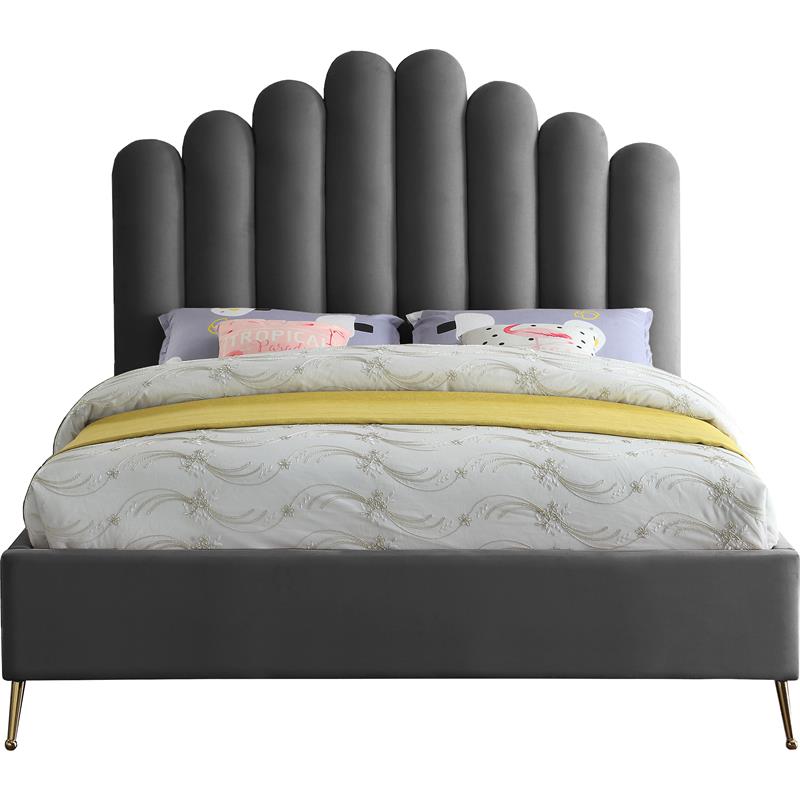 Meridian Furniture Lily Solid Wood and Tufted Velvet Queen Bed in Gray