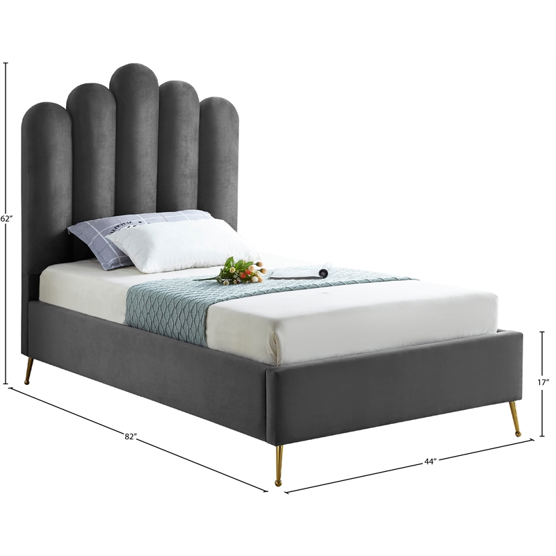 Meridian Furniture Lily Solid Wood and Tufted Velvet Twin Bed in Gray